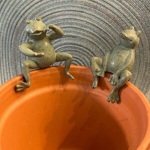 Two Frog Pot Perchers. Cute ceramic frogs to sit or perch on side of your pot